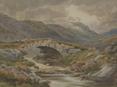English School (Late 19th cenutry): Sheep by a Stone Bridge, watercolour bears signature W Mellor an