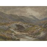 English School (Late 19th cenutry): Sheep by a Stone Bridge, watercolour bears signature W Mellor an