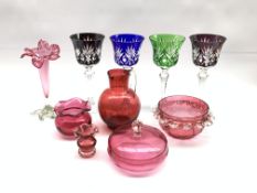 Four Hock glasses with coloured bowls and chamfered stems, , cranberry glass jug with clear glass ha