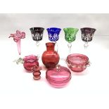 Four Hock glasses with coloured bowls and chamfered stems, , cranberry glass jug with clear glass ha