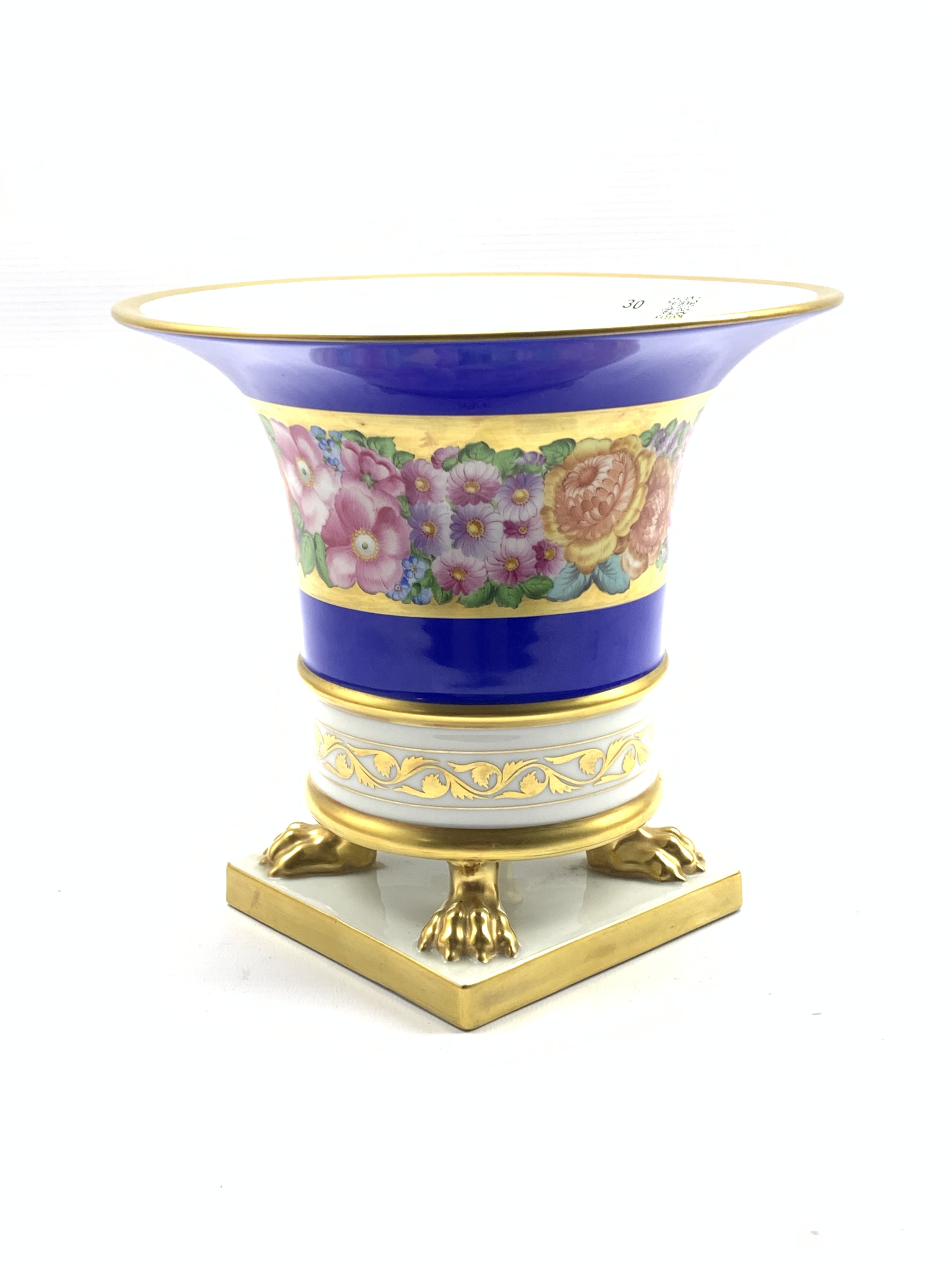 Herend cache pot painted with a continuous band of flowers on a blue and gilt ground and on gilt paw