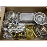 Kings pattern silver-plated cutlery set, six settings plus extras, 19th century brass chamber stick,