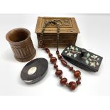 Fruitwood treen mug with fluted decoration H11cm, Georgian oval snuff box, slate blotter, Chinese be