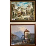 P Andre French street scene, oil on canvas, signed 40cm x 50cm and another similar oil painting, uns