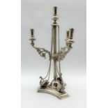 Victorian plated four branch candlestick with chased decoration, the triangular base with swan mount