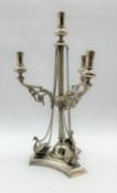 Victorian plated four branch candlestick with chased decoration, the triangular base with swan mount