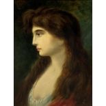 Unsigned head and shoulders oil portrait of a young lady, on board, 27cm x 20cm