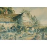 C K Mason girl in the garden of a country cottage, watercolour, signed, 21cm x 30cm