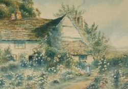 C K Mason girl in the garden of a country cottage, watercolour, signed, 21cm x 30cm