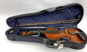 Violin with two piece back, length of back 37cm together with a bow marked Erich Steiner