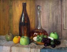 Mary Remington (British 1910-2003): 'Fruit and Wine', oil on board signed, titled verso on Llewellyn