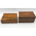 Late Victorian burr walnut sewing box with geometric inlay W26cm and another inlaid walnut sewing bo