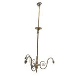 19th century three-branch brass light fitting with S scroll arms, H104cm