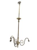 19th century three-branch brass light fitting with S scroll arms, H104cm