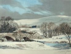 Michael Barnfather, artist signed print of a winter landscape, print sellers blind stamp, published