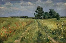 Peter Foxhall (20th century): Farm Track with Poppies, oil on canvas signed and indistinctly