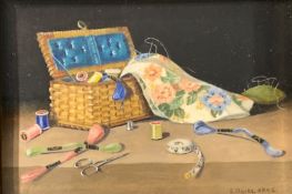 Enid Clarke (British 1919-): 'Needlework Basket', oil on ivorine signed, titled on Llewellyn Alexand