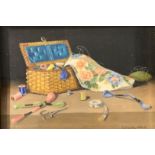 Enid Clarke (British 1919-): 'Needlework Basket', oil on ivorine signed, titled on Llewellyn Alexand