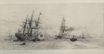 W Wyllie etching 'Shipping on the Mersey', titled in pencil, 16cm x 28cm and an indistinctly signed