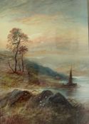Indistinctly signed lake landscape with figures and boat, watercolour, 51cm x 36cm