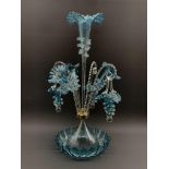 Victorian design blue glass four branch epergne hung with three baskets on a crimped circular base H