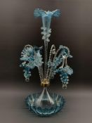 Victorian design blue glass four branch epergne hung with three baskets on a crimped circular base H
