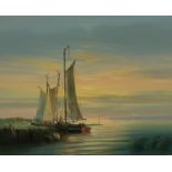 F Saiger (20th century): Boats in Calm Waters, oil on canvas signed 50cm x 60cm