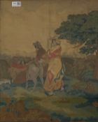 Early 19th Century embroidered silk picture in the style of Morland with figures in a rural landscap