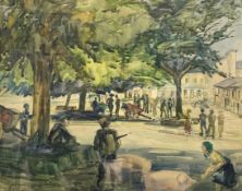 Feeding Pigs in the Town Square, 20th century watercolour unsigned