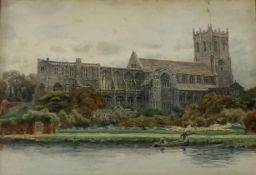 W Collins priory church with river in foreground, watercolour, signed, inscribed on the reverse, Chr