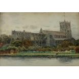 W Collins priory church with river in foreground, watercolour, signed, inscribed on the reverse, Chr