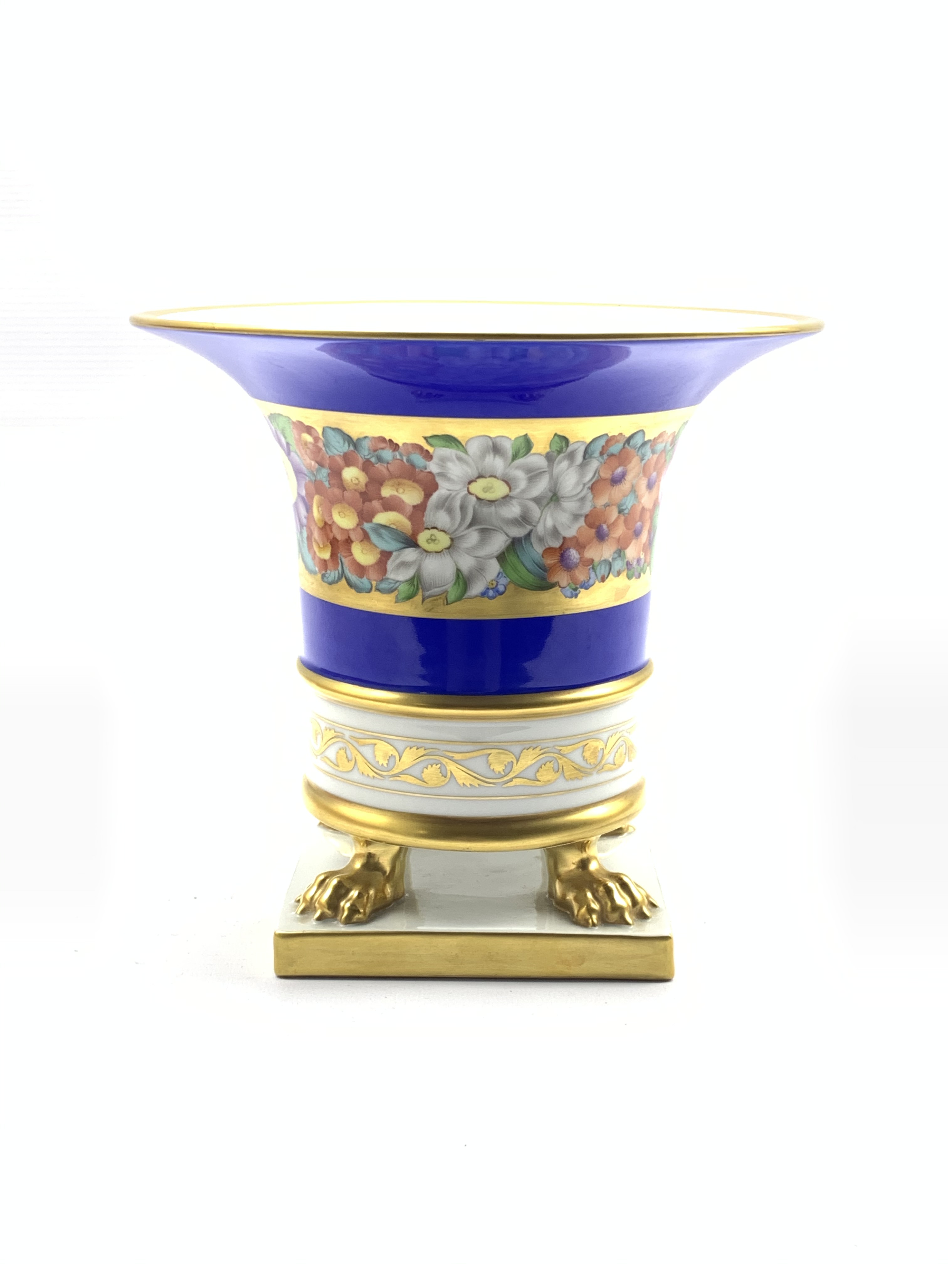 Herend cache pot painted with a continuous band of flowers on a blue and gilt ground and on gilt paw - Image 2 of 2