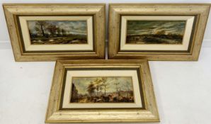 P Timmerman series of three oil painting on panel of Continental landscapes, with figures cottages e