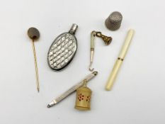 19th Century engraved silver perfume flask, fob seal, small glove button hook and toothpick etc