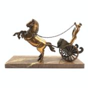 20th Century cast metal study of Roman chariot and horses raised on a marble base of rectangular for