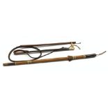 Early 20th century plaited leather riding crop with antler handle and plated collar, a leather bound