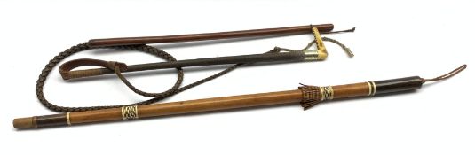 Early 20th century plaited leather riding crop with antler handle and plated collar, a leather bound