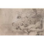 Unsigned pencil drawing, of a continental soldier and other figures, 30cm x 19cm