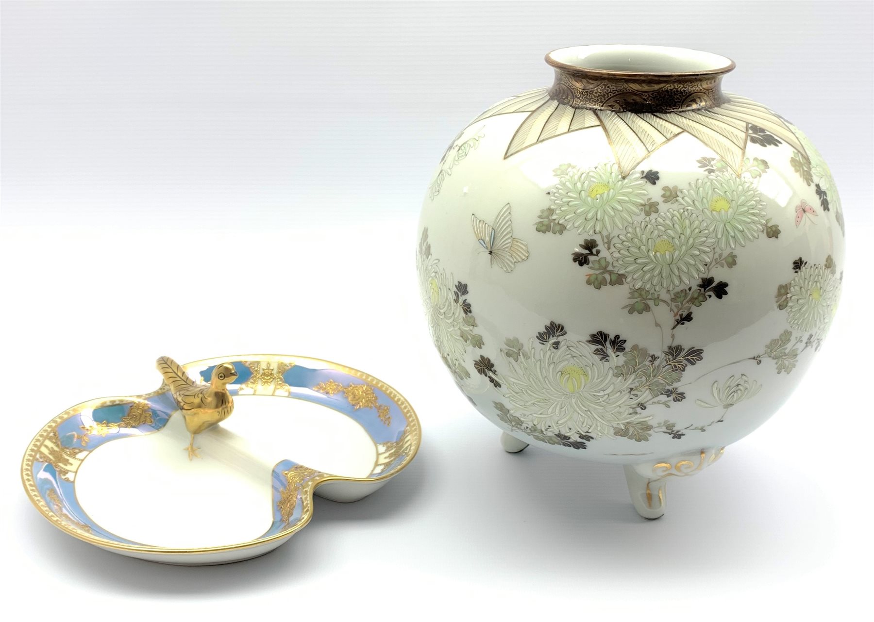 20th century Japanese porcelain vase of globular form, hand-painted with chrysanthemum and butterfli