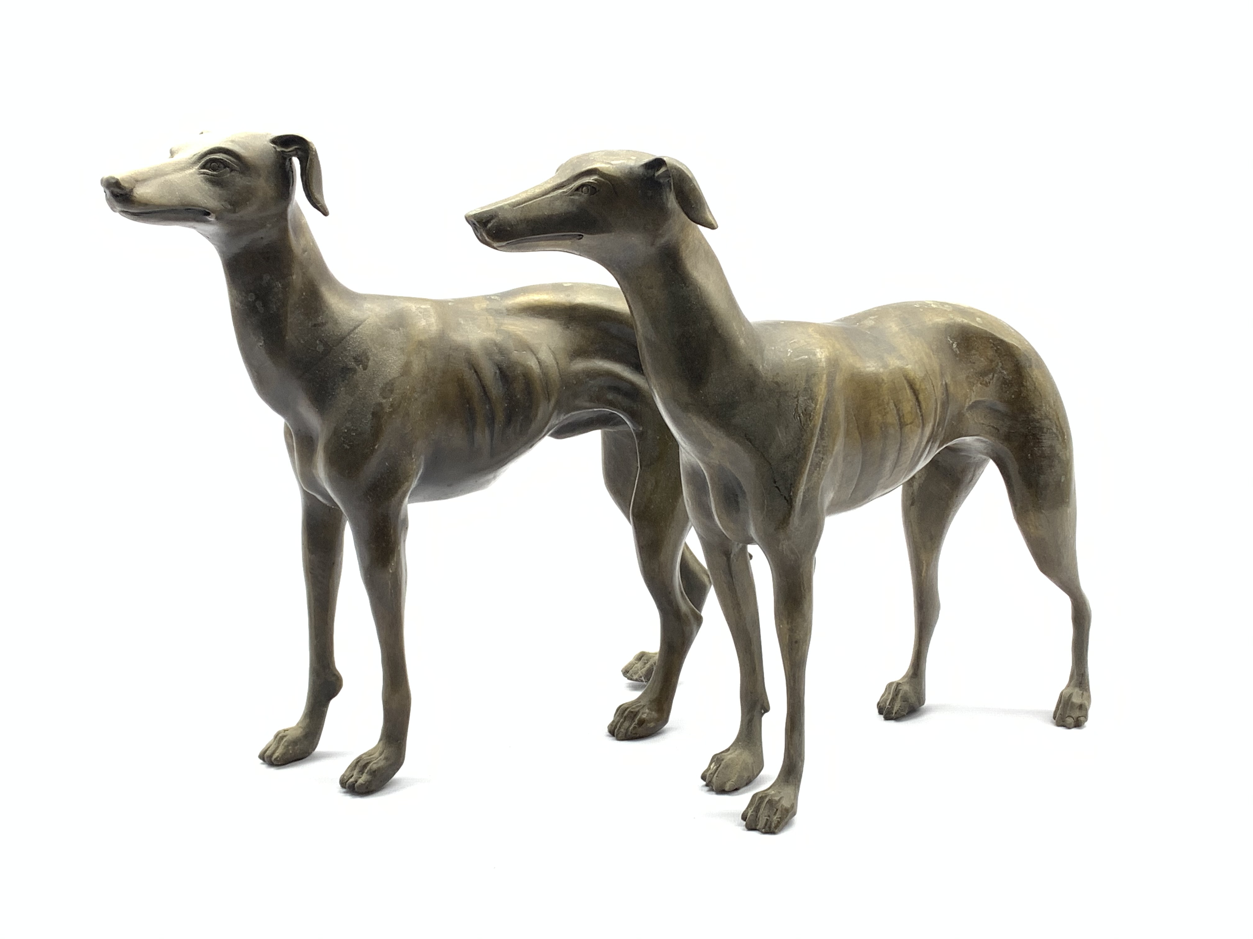Pair of bronze finish standing Greyhounds, L36cm x H30cm