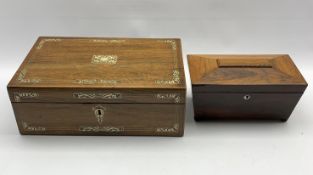 Victorian rosewood table writing box with mother of pearl inlay W40cm and a mid 19th Century rosewoo