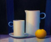 Trisha Hardwick (British 1949-) 'Todjiki 2000' oil on canvas of a jug, mug and an orange, signed, 2