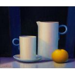 Trisha Hardwick (British 1949-) 'Todjiki 2000' oil on canvas of a jug, mug and an orange, signed, 2