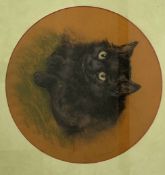 Unsigned circular pastel drawing of a black cat, D30cm