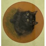 Unsigned circular pastel drawing of a black cat, D30cm