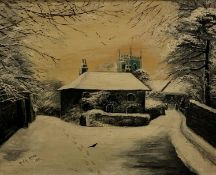 Hugh Ross country house in a winter landscape, oil on canvas, signed and dated 1911, 25cm x 29cm