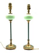 Pair of 1920s/30s brass table lamps, the slender stems with gilt etched glass globes and turquoise