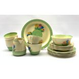 Clarice Cliff Crocus pattern tea set comprising four teacups, five saucers, five tea plates, side pl