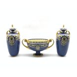 Royal Worcester garniture comprising pair of two handled vases and covers painted with panels of flo