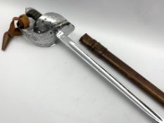 George V Indian Army officers sword with engraved blade and wire wound fish skin grip in leather cov